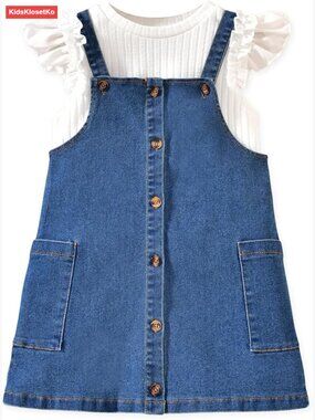 Toddler Girl 2 Piece Butterfly Sleeve Top & Denim Overall Dress Set